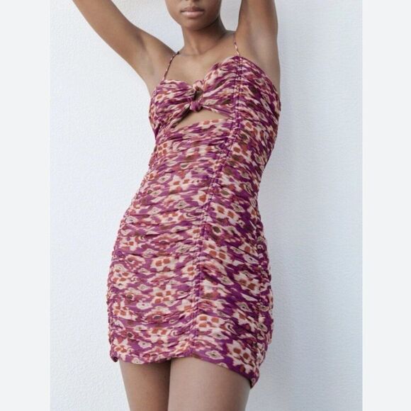 Zara Dresses & Skirts - Zara Purple Chiffon Ruched Cutout Strappy Mini Dress in Size S